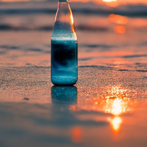 Prompt: a photo of a galaxy in a water bottle on the beach, sunset, award winning photography, 8k