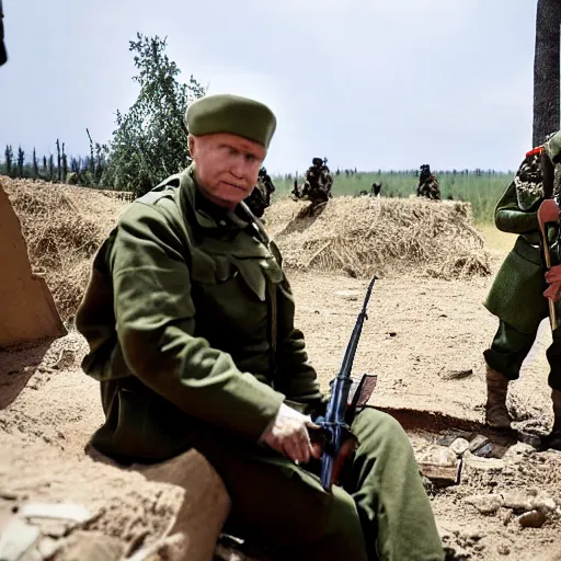 Image similar to Putin is sitting in the trenches and defending himself from Ukrainian troops, Constructivism Style