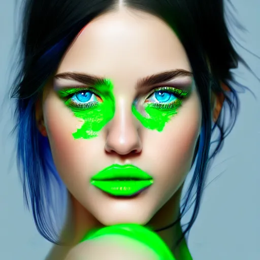 Image similar to photorealistic portrait of beautiful toxic girl, black hair, blue eyes, smooth face, perfect eyes, half body shot, elegant, realistic, glowing skin, detailed face, green colours, sharp focus