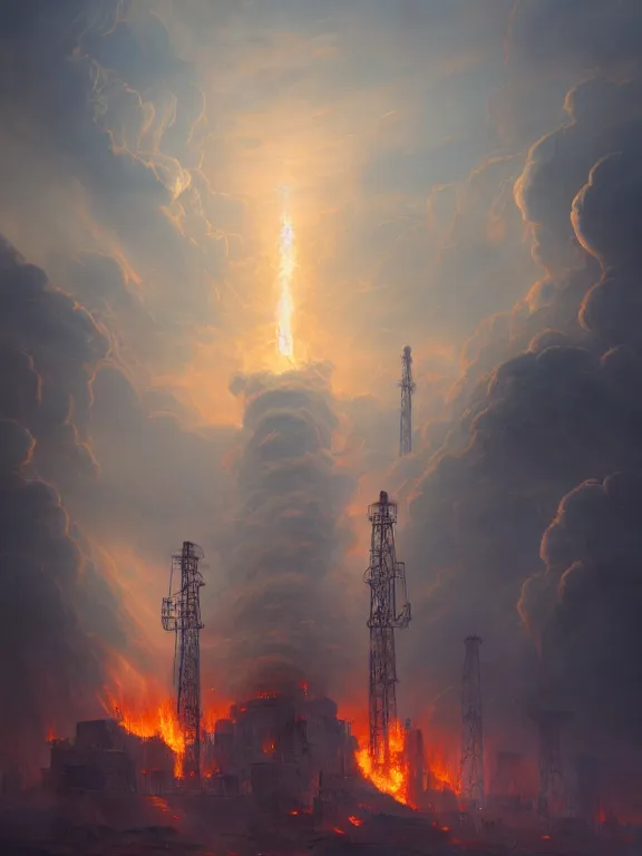 Prompt: photo of 8k ultra realistic nuclear power plant on fire, pylons, heavy swirling cloud, full of colour, cinematic lighting, battered, trending on artstation, 4k, hyperrealistic, focused, extreme details,unreal engine 5, cinematic, masterpiece, art by Peter Mohrbacher