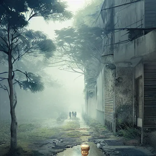 Prompt: walking around dilapidated!! abandoned ikeshima island, nagasaki, japan. volumetric lighting, foggy, spring evening, dark overcast weather, realistic illustration, perfectly shaded, ( golden hour ) soft painting, art by krenz cushart and wenjun lin