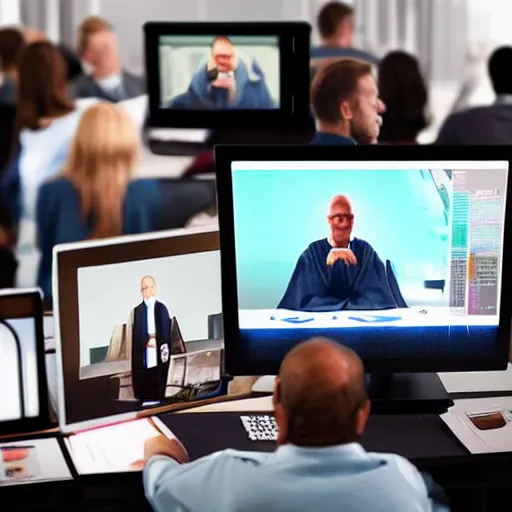 Image similar to “people in robes watching big brother on computer graphics conference 4K realistic”