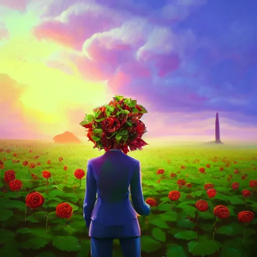 Image similar to closeup, giant rose flower head, frontal, girl in suit, surreal photography, sunrise, blue sky, dramatic light, impressionist painting, digital painting, artstation, simon stalenhag