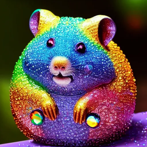 Prompt: rainbow hamster made out of gems, crystals, 8k, hd, vibrant, sculpture
