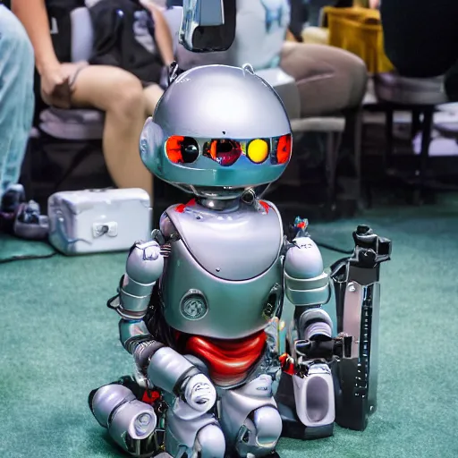 Prompt: LOS ANGELES, CA July 7 2025: Happy Open-Source Transhumanist Cyborg Robot Convention, Cute Robot Best in show awards for cybernetic being