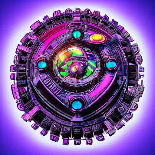 Image similar to sticker of a rock band, name is tripmachine, on the sticker is a 3 d render of a huge futuristic steampunk power generator, 8 k, fluorescent colors, halluzinogenic, multicolored, exaggerated detailed, silk screen art