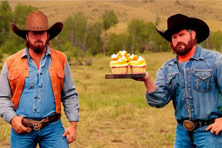 Prompt: film still of the main character brawny burly surly cowboy standing holding a cupcake with orange frosting in the outdoor scene in an action movie posing for the camera 2 0 2 0, 4 k wild west