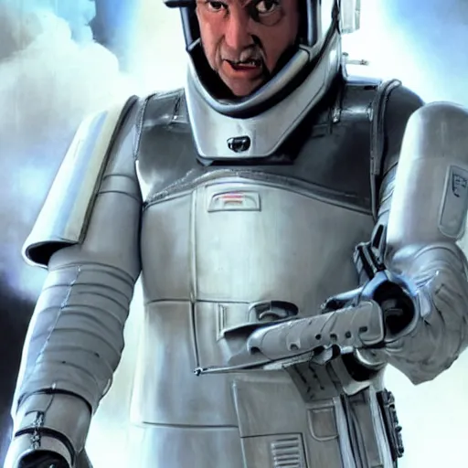 Image similar to close up photograph of an old man who is a veteran of many futuristic wars with short gray hair and blue eyes. he is wearing a white futuristic suit of heavy combat armor and holding a blaster in one hand and a plaster plazma - proof shield in the other. riding a white armored motorcycle charging into enemy lines while firing plasma bolts. scifi