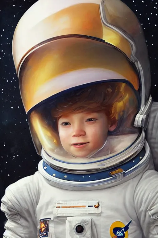 Image similar to a little boy with a michievous face and ginger hair. he is an astronaut, wearing a space suit. clean elegant painting, beautiful detailed face. by raymond swanland and artgerm and greg rutkowski