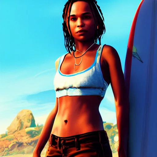 Image similar to zoe kravitz as a california surfer girl, full body shot, gta 5 cover art, hd digital art, trending on artstation