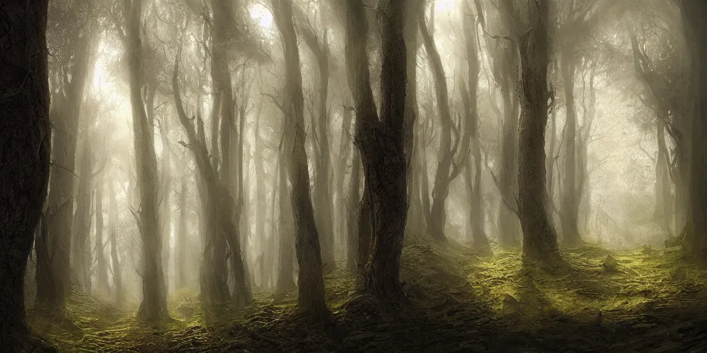 Image similar to artwork of the narrow woods, by john howe & tim white & les edwards, exquisite lighting, clear focus, highly detailed, cinematic view, trending on artstation, exquisite