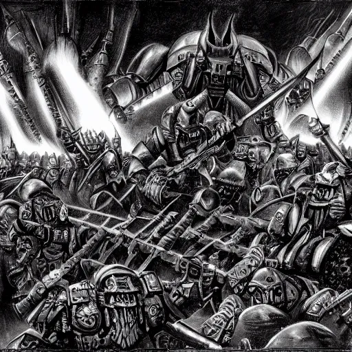 Image similar to Battle of the Imperial Guard on the planet against the Tyranids, Warhammer 40,000, Drawing in a dark Gothic style, super quality, Artist - Phil Moss