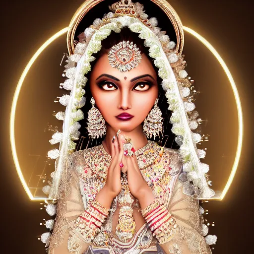 Image similar to portrait of wonderful hindi princess of white diamonds with fair skin, white flowers, ornate with white diamonds, 8 k, gorgeous, intricate, detailed, glowing white accent lighting, dramatic lighting, octane render