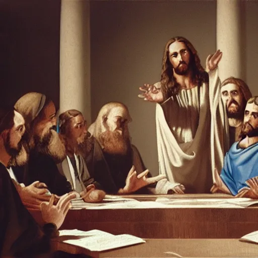 Prompt: Jesus as a business executive presiding over a boardroom meeting