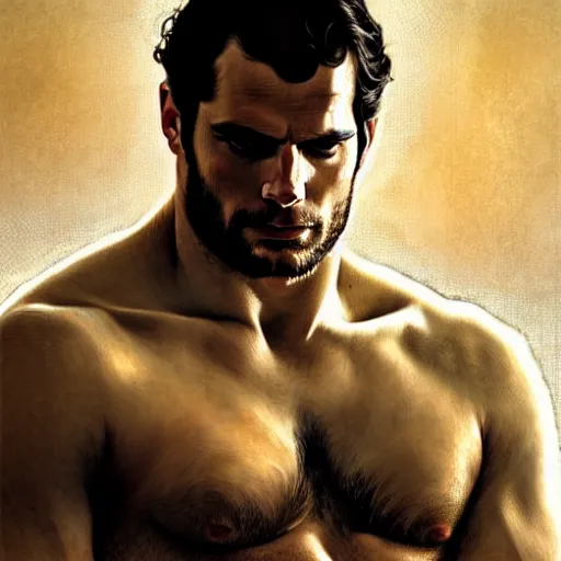 Image similar to Henry Cavill as a Greek god, gorgeous, amazing, muscular, intricate, highly detailed, digital painting, artstation, concept art, sharp focus, illustration, art by greg rutkowski and alphonse mucha