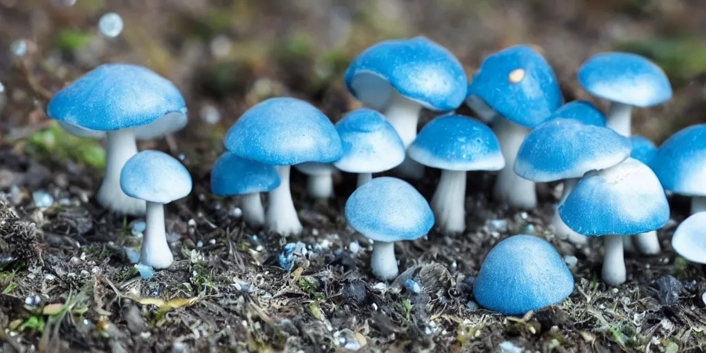 Prompt: strange looking mushrooms born on opalescent crystals. soft blue, blue and white, dispersion. photorealistic