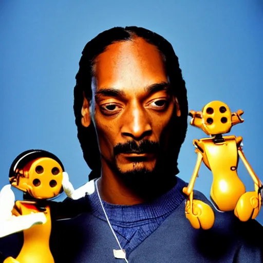 Prompt: Snoop Dogg holding two robots for a 1990s sitcom tv show, Studio Photograph, portrait, C 12.0