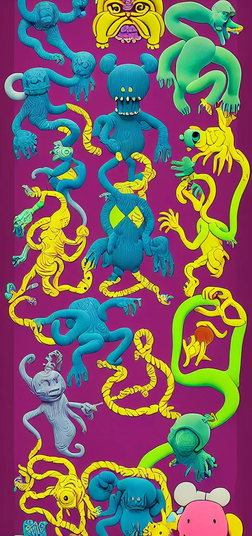 Prompt: creature portraits in the style of kaws, victo ngai, lisa frank, francis goya, basil wolverton, roy litchenstein, mc escher style