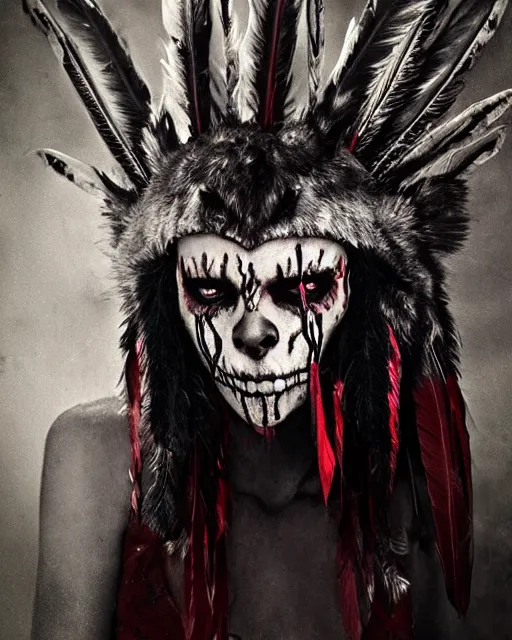 Image similar to wolf mutant ghost - spirit of the grim - warpaint wears the scarlet skull armor and native blood headdress feathers, midnight fog - mist!, dark oil painting colors, realism, cinematic lighting, various refining methods, micro macro autofocus, ultra definition, award winning photo, photograph by ghostwave - gammell - giger - shadowlord