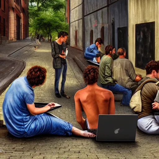 Image similar to a group of realistic bums using laptops near on street, highly detailed, intricate, sharp focus, digital art, 8 k