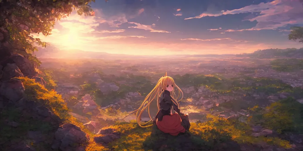 Prompt: isekai masterpiece anime girl sitting on a rock off to the side looking down upon swedish town, during dawn, cinematic, very warm colors, intense shadows, anime illustration, anime screenshot composite background, lens flare