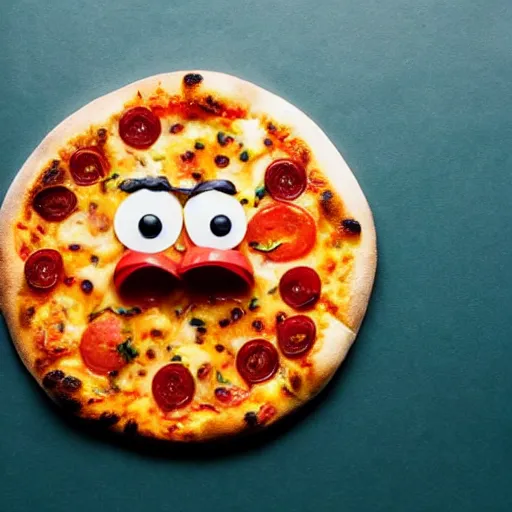 Image similar to a pizza with eyes and fingers and tomatoes cheese on it, top view