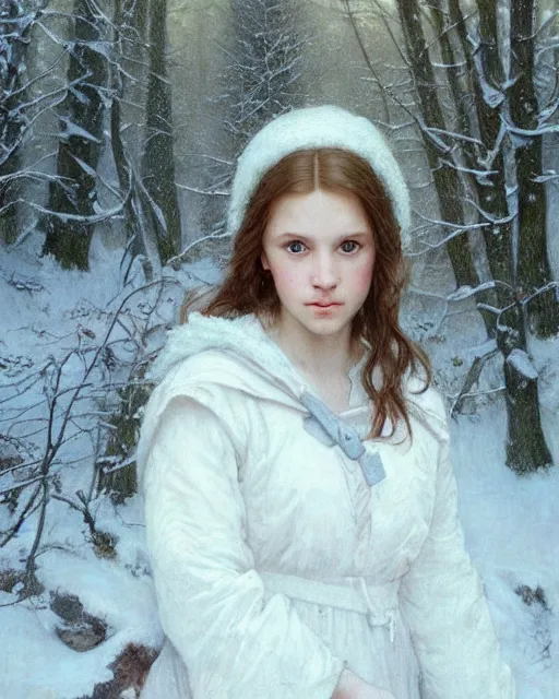 Prompt: a well - lit, realistic portrait painting of a thoughtful girl resembling a young, shy, redheaded irish alicia vikander or millie bobby brown wearing peasant dress in a deep snow - covered forest at dusk, highly detailed, intricate, concept art, artstation, by donato giancola, ron cobb, and william adolphe bouguereau