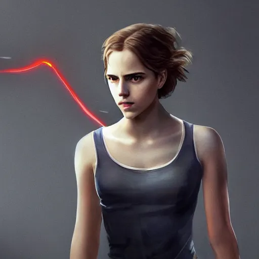 Prompt: a girl who is a mix of emma watson and scarlett johansson and nathalie portman, plugging herself to a computer through an usb cable and a port in her arm, very detailled, by david rutkowski and artgem