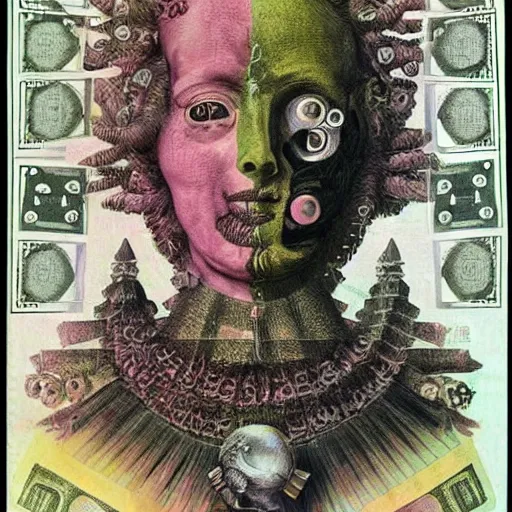 Image similar to post - punk new age album cover, asymmetrical design, dollar bank notes, capitalism, magic, apocalypse, psychedelic, black white pink, magic, giger h. r., giuseppe arcimboldo