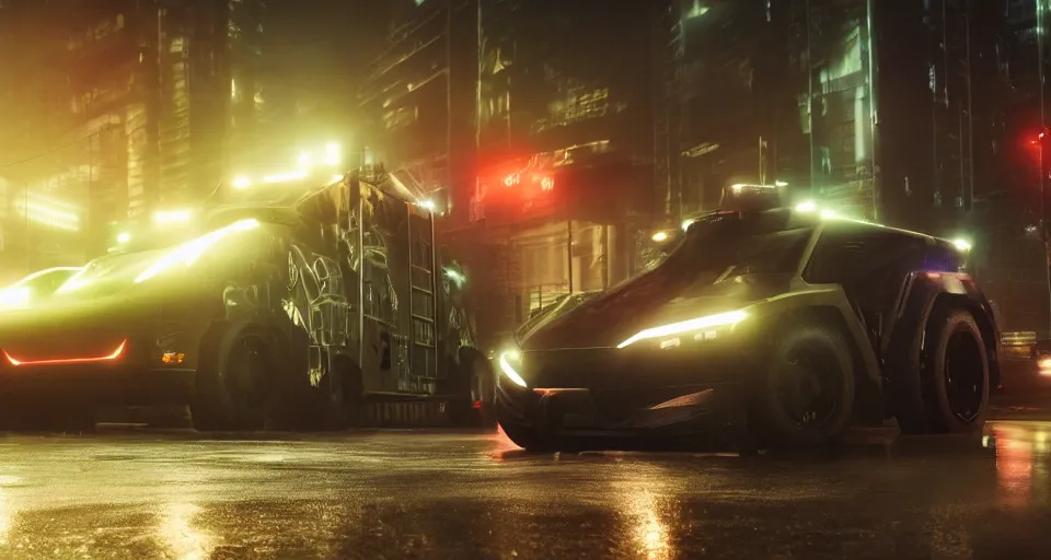 Image similar to closeup photo of combat tesla cybertruck driving on wet dystopian cyberpunk city streets at night, mad max, action, speed, volumetric lighting, hdr, need for speed, gta 5, forza, makoto shinkai, syd mead, craig mullins, cinematic, fast and furious, blade runner, octane, 8 k, iso 1 0 0, 1 2 mm