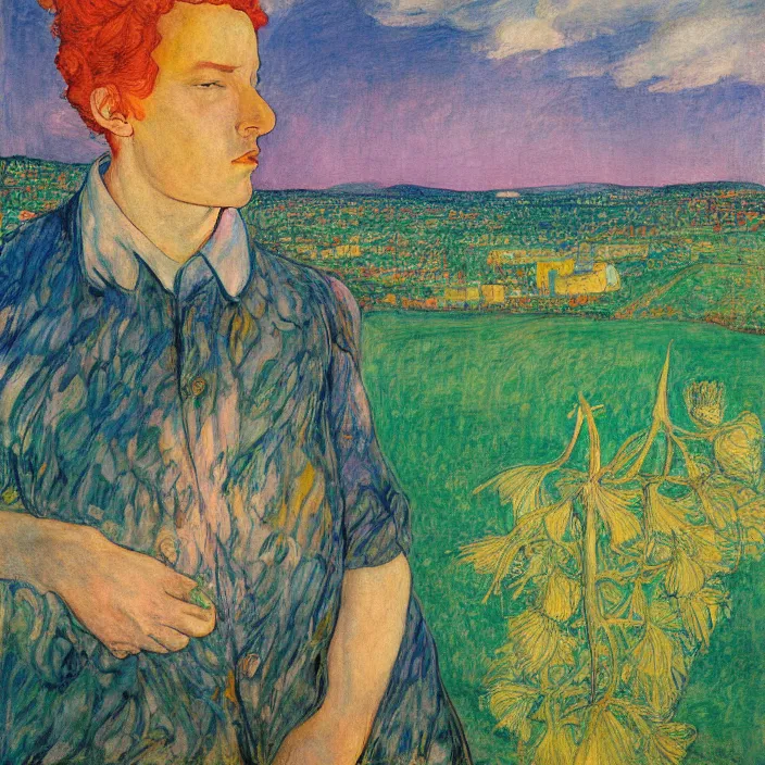 Image similar to close portrait of prisoner with thistle, with city with orchard seen from the prison window frame. sun through the clouds, vivid iridescent colors. agnes pelton, egon schiele, henri de toulouse - lautrec, utamaro, monet