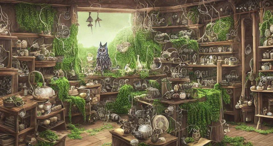 Image similar to small witch shop, counter, cauldrons, potions, hats, owls, ferns and vines, highly detailed, sharp focus, matte painting, by studio ghibli, by giovani magana,