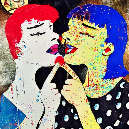 Image similar to two women kissing at a carnival, mixed media collage, retro, paper collage, magazine collage, acrylic paint splatters, bauhaus, claymation, layered paper art, sapphic visual poetry expressing the utmost of desires by junji ito