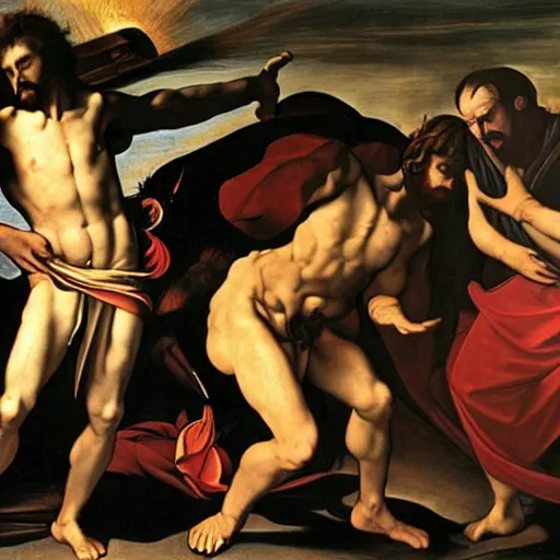 Prompt: Jesus Christ joining forces with Satan, God betrays humanity, Doom of mankind, Caravaggio
