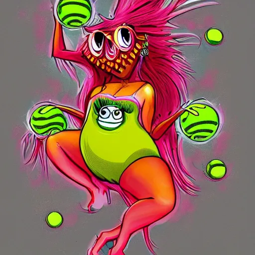 Image similar to a Jennifer Lopez Monster tennis ball Monster, chalk, digital art, fantasy, magic, trending on artstation, ultra detailed, professional illustration by Basil Gogos