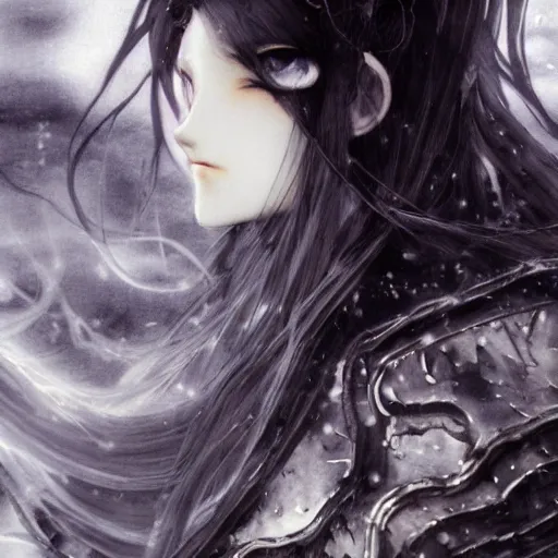 Image similar to Yoshitaka Amano blurred and dreamy illustration of an anime girl with wavy white hair and cracks on her face wearing Elden ring armour with the cape fluttering in the wind, abstract black and white patterns on the background, noisy film grain effect, highly detailed, Renaissance oil painting, weird portrait angle