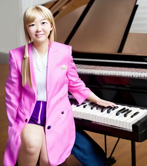 Image similar to a professional portrait photograph of kaede akamatsu, an eighteen year old japanese woman with blonde shoulder - length hair, an ahoge, musical note hairpins, a pink blazer, a white backpack, purple contact lenses, and a kind smile, beautiful features, pianist, at her piano