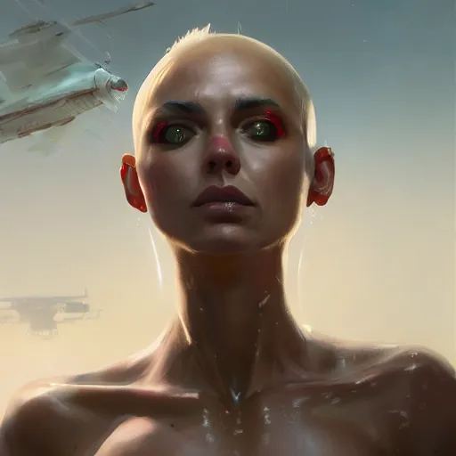 Image similar to tank girl, highly detailed, half android, power implants, body transmogrify, beautiful, mesmerising, look of desire, loving stare, digital painting, trending on artstation, concept art, 4 k, sharp focus, illustration, art by greg rutkowski