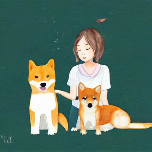 Image similar to a watercolor illustration of a girl with light brown hair, hazel eyes and freckles accompanied by a shiba inu