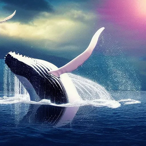 Image similar to photomanipulation of a whale that has tiny fairy wings, the wings are inspired by tooth fairy's wings, fully detailed, 4 k, real footage