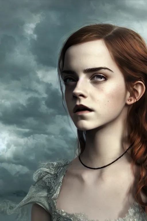Prompt: a mix of of emma watson, anya taylor - joy and emma stone, sorceress elf, lord of the rings, movie still, hyperrealism, octane render, extremely detailed, intricate smoke magic, lace, style of mark ryden, earl nore, hyung tae, frank frazetta