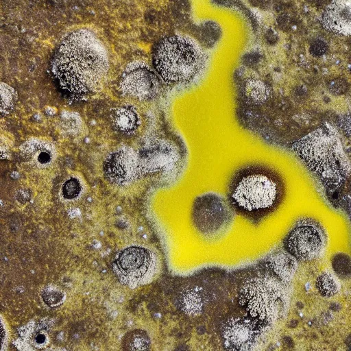 Image similar to a yellow and brown bacterial mat at a yellowstone hotspring, macro photography, extremely detailed, small features, bumps, craters, follicles