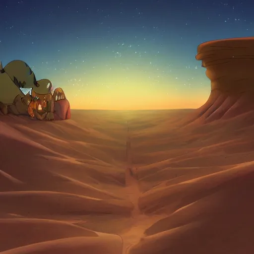 Image similar to sunset in the desert, fantasy art, illustration, animated film, by studio ghibli