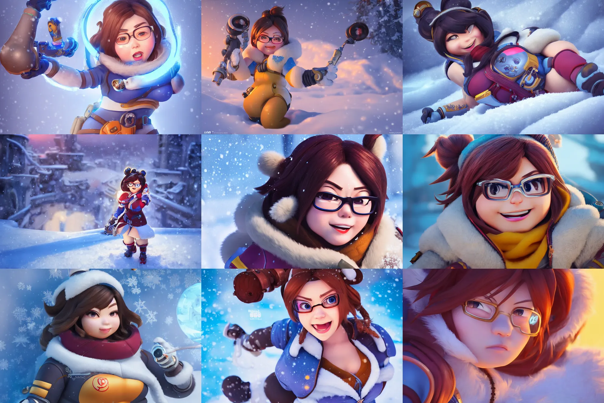 Prompt: hyperdetailed mei from overwatch as a disney pixar character, hd texture, beautiful 3D render, 8k, octane render, soft lighting, hyperrealistic, in the snow, sharp focus, golden hour, specularity, Mei-Ling Zhou