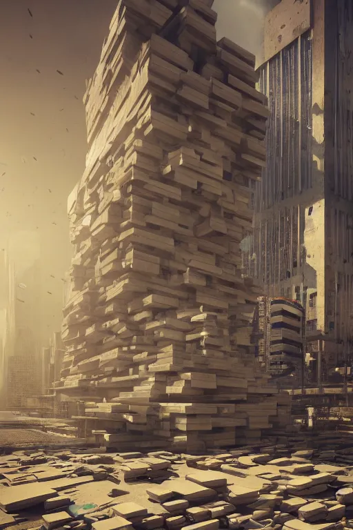 Image similar to A dystopian future in a city made of life-size Jenga blocks, evil, demonic, angelic, environment concept, Rendered in Octane, trending on artstation, cgsociety, moody lighting rendered by octane engine, environment 8K artstation, cinematic lighting, intricate details, 4k detail post processing, hyperealistic, octane render, photo realism