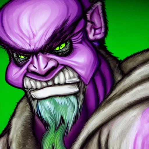 Image similar to super detailed portrait of a of a Dungeons and Dragons bugbear with green hair and purple eyes he looks angry at his knife, Fantasy, 4k, HD, DnD