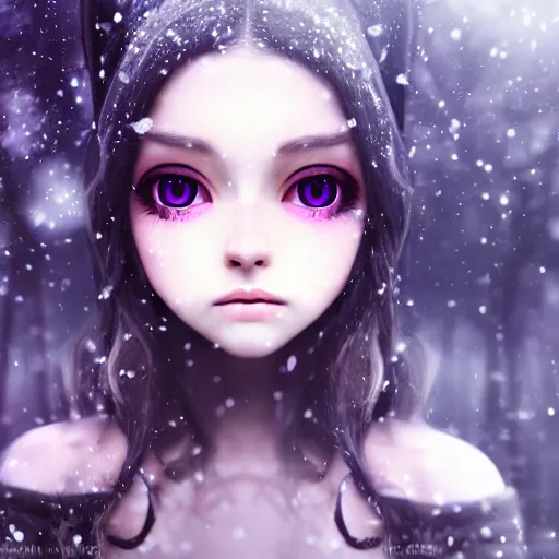 Image similar to focus face portrait of beautiful darkness witch 3D anime girl, dark forest background, snowing, bokeh, inspired by Tim Burton, digital painting, unreal engine render, volumetric light, high détail