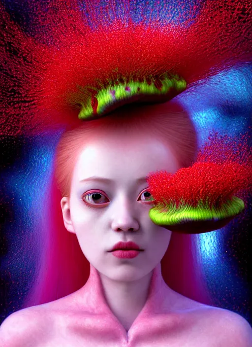 Prompt: hyper detailed 3d render like a Oil painting - kawaii portrait Aurora (red haired Fae) seen Eating of the Strangling network of yellowcake aerochrome and milky Fruit and Her delicate Hands hold of gossamer polyp blossoms bring iridescent fungal flowers whose spores black the foolish stars by Jacek Yerka, Mariusz Lewandowski, Houdini algorithmic generative render, Abstract brush strokes, Masterpiece, Edward Hopper and James Gilleard, Zdzislaw Beksinski, Mark Ryden, Wolfgang Lettl, hints of Yayoi Kasuma, octane render, 8k