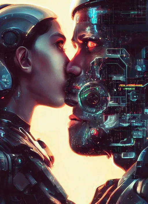 Image similar to ultra realistic close - up of a couple of cyborgs kissing, lovers, cyberpunk, sci - fi, fantasy, kodak, led color, flare, soft light, night, highly detailed, digital painting, concept art, sharp focus, illustration, art by artgerm and greg rutkowski