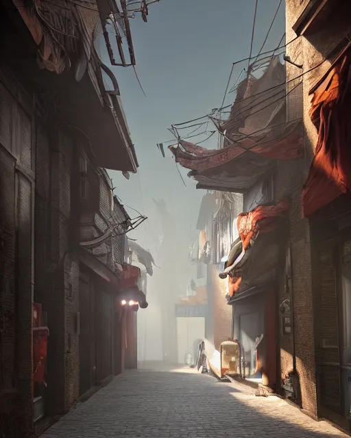 Image similar to artstation scifi scene of two deer - headed shadow, in a chinese town narrow alley, dim lights, long shadows, summer unreal engine 5, hyper realism, realistic shading, cinematic composition, blender render, octane render, hdr, detailed textures, photorealistic, wide shot